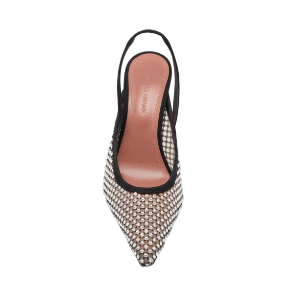 Amina Muaddi Felicia Crystal Net Sling 100 in Black Suede and White Crystals, view 2