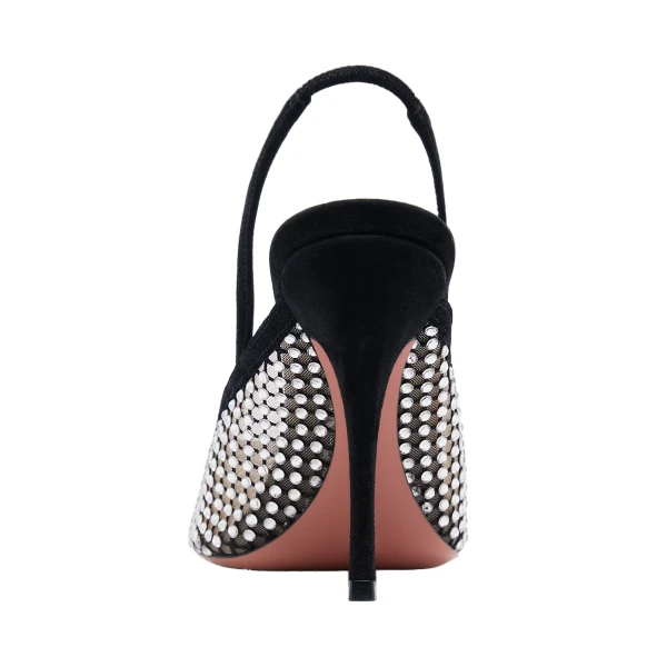 Amina Muaddi Felicia Crystal Net Sling 100 in Black Suede and White Crystals, view 3