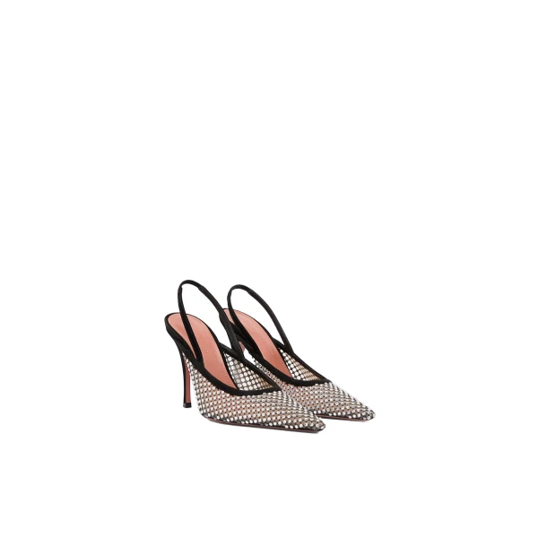 Amina Muaddi Felicia Crystal Net Sling 100 in Black Suede and White Crystals, view 4