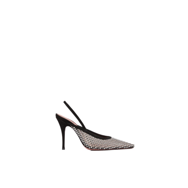 Amina Muaddi Felicia Crystal Net Sling 100 in Black Suede and White Crystals
