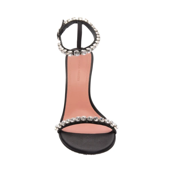 Amina Muaddi Gigi Sandal 95 in Black Satin and White Crystals, view 2