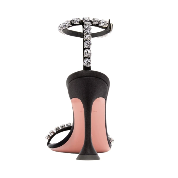 Amina Muaddi Gigi Sandal 95 in Black Satin and White Crystals, view 3
