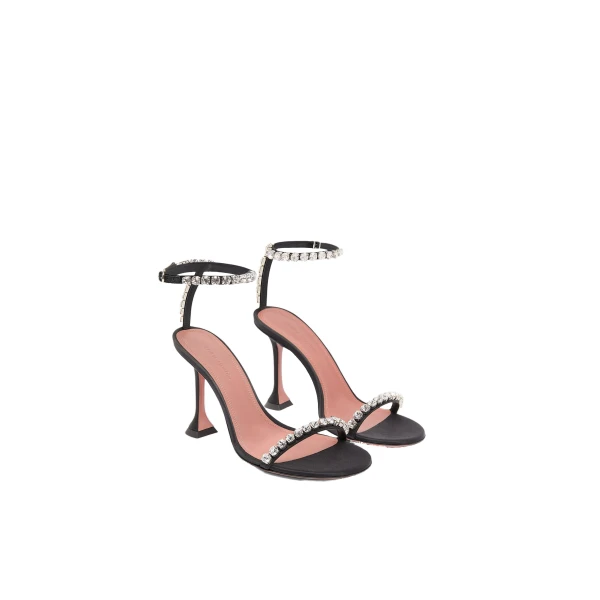 Amina Muaddi Gigi Sandal 95 in Black Satin and White Crystals, view 4
