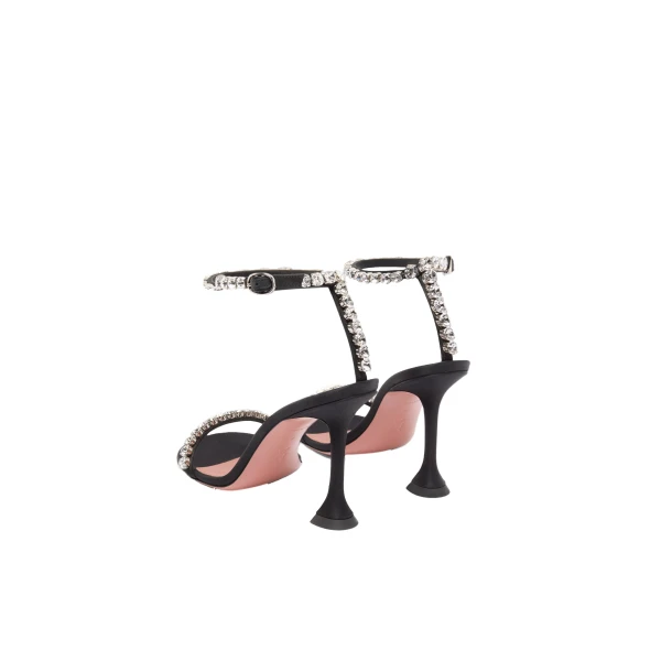 Amina Muaddi Gigi Sandal 95 in Black Satin and White Crystals, view 5
