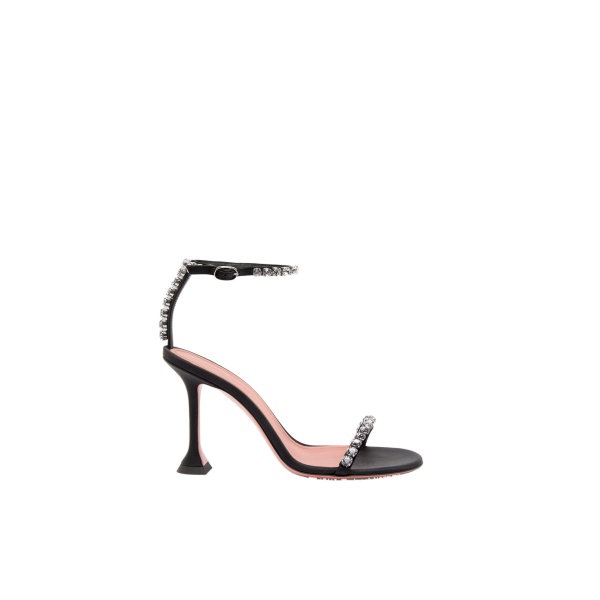 Amina Muaddi Gigi Sandal 95 in Black Satin and White Crystals