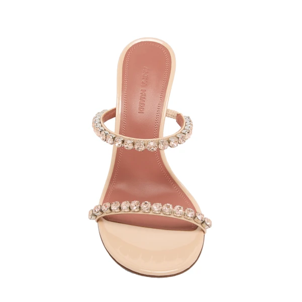 Amina Muaddi Gigi Slipper 95 in Pearly Champagne Patent and Gold Quartz Crystals, view 2
