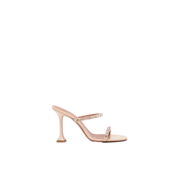 Amina Muaddi Gigi Slipper 95 in Pearly Champagne Patent and Gold Quartz Crystals
