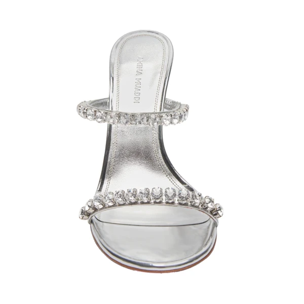 Amina Muaddi Gigi Slipper 95 in Silver Mirror and White Crystals, view 2