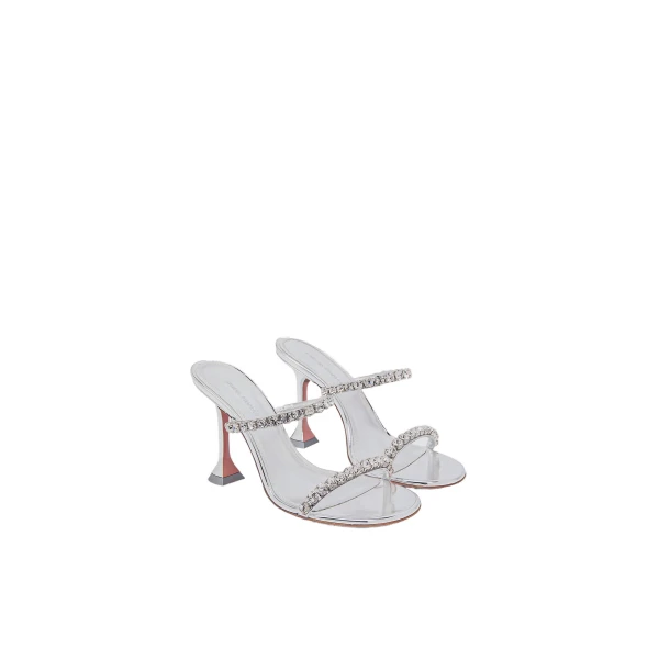 Amina Muaddi Gigi Slipper 95 in Silver Mirror and White Crystals, view 4