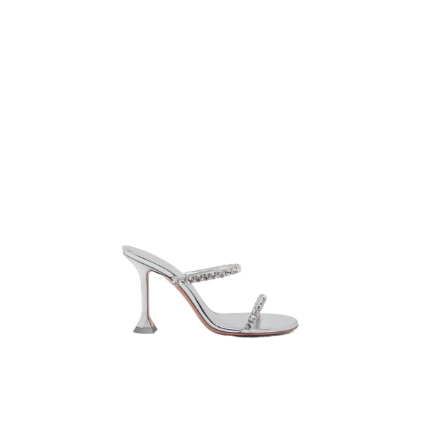 Amina Muaddi Gigi Slipper 95 in Silver Mirror and White Crystals