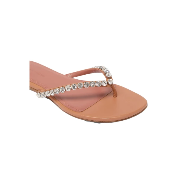 Amina Muaddi Gigi Thong Flats in Latte Nappa and White Crystals, view 3