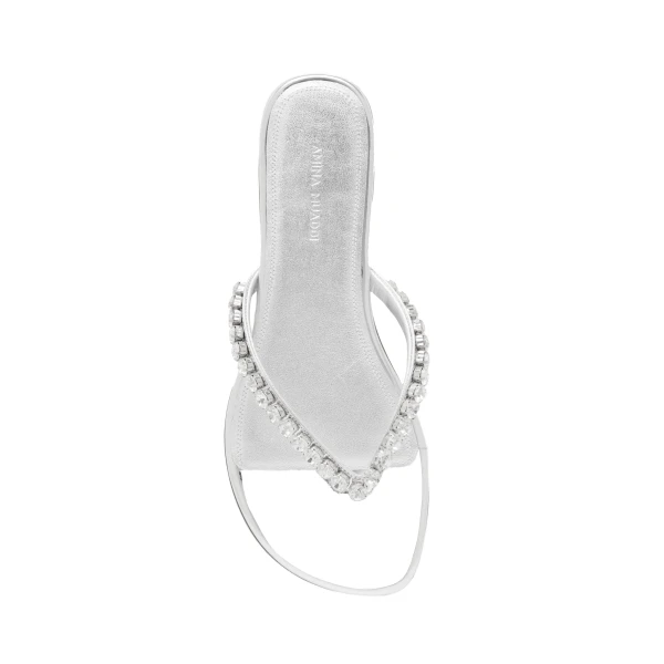 Amina Muaddi Gigi Thong Flats in Silver Mirror and White Crystals, view 2