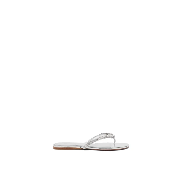 Amina Muaddi Gigi Thong Flats in Silver Mirror and White Crystals