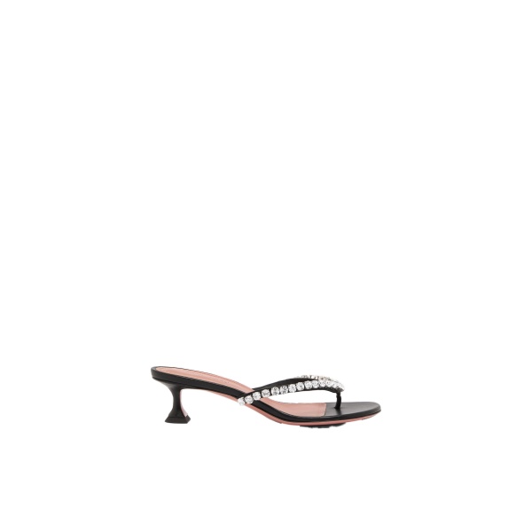 Amina Muaddi Gigi Thong Sandal 45 in Black Nappa and White Crystals