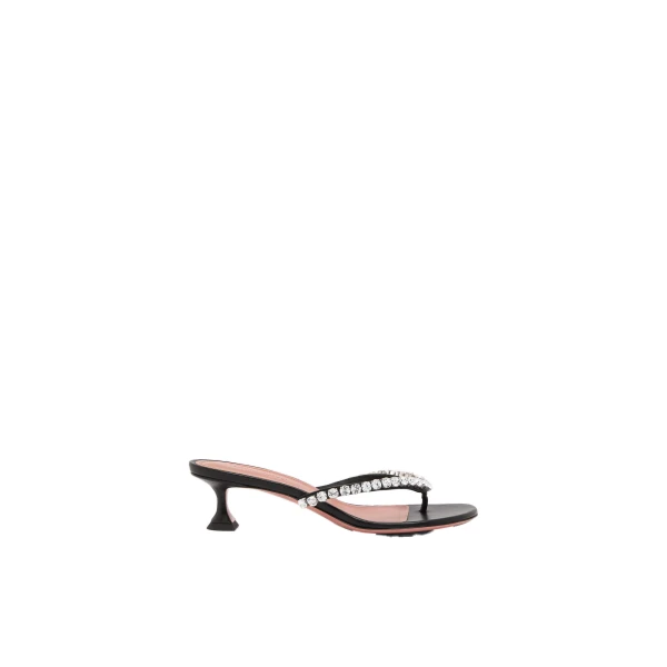 Amina Muaddi Gigi Thong Sandal 45 in Black Nappa and White Crystals