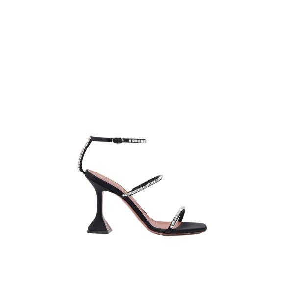 Amina Muaddi Gilda Sandal 95 in Black Satin and White Crystals