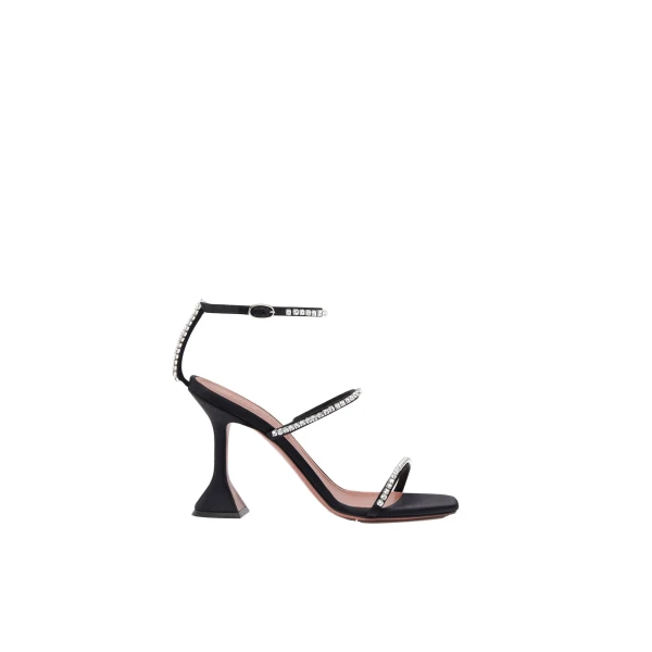 Amina Muaddi Gilda Sandal 95 in Black Satin and White Crystals