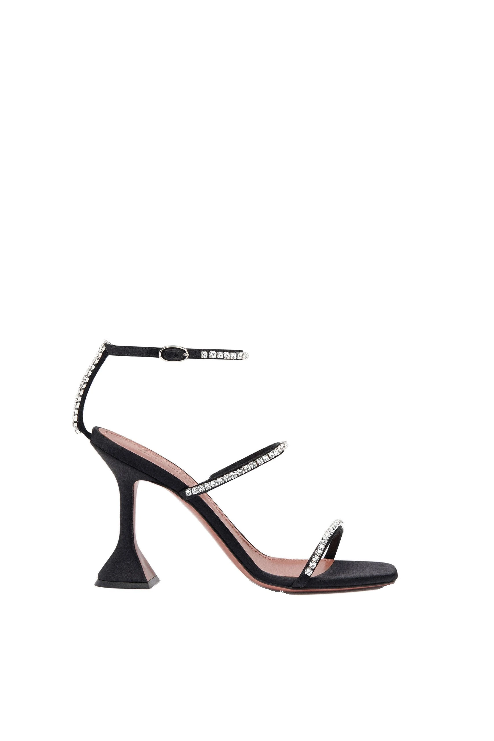Amina Muaddi Gilda Sandal 95 in Black Satin | Luxury Shoes Amina Muaddi Gilda Sandal 95 in Black Satin and White Crystals