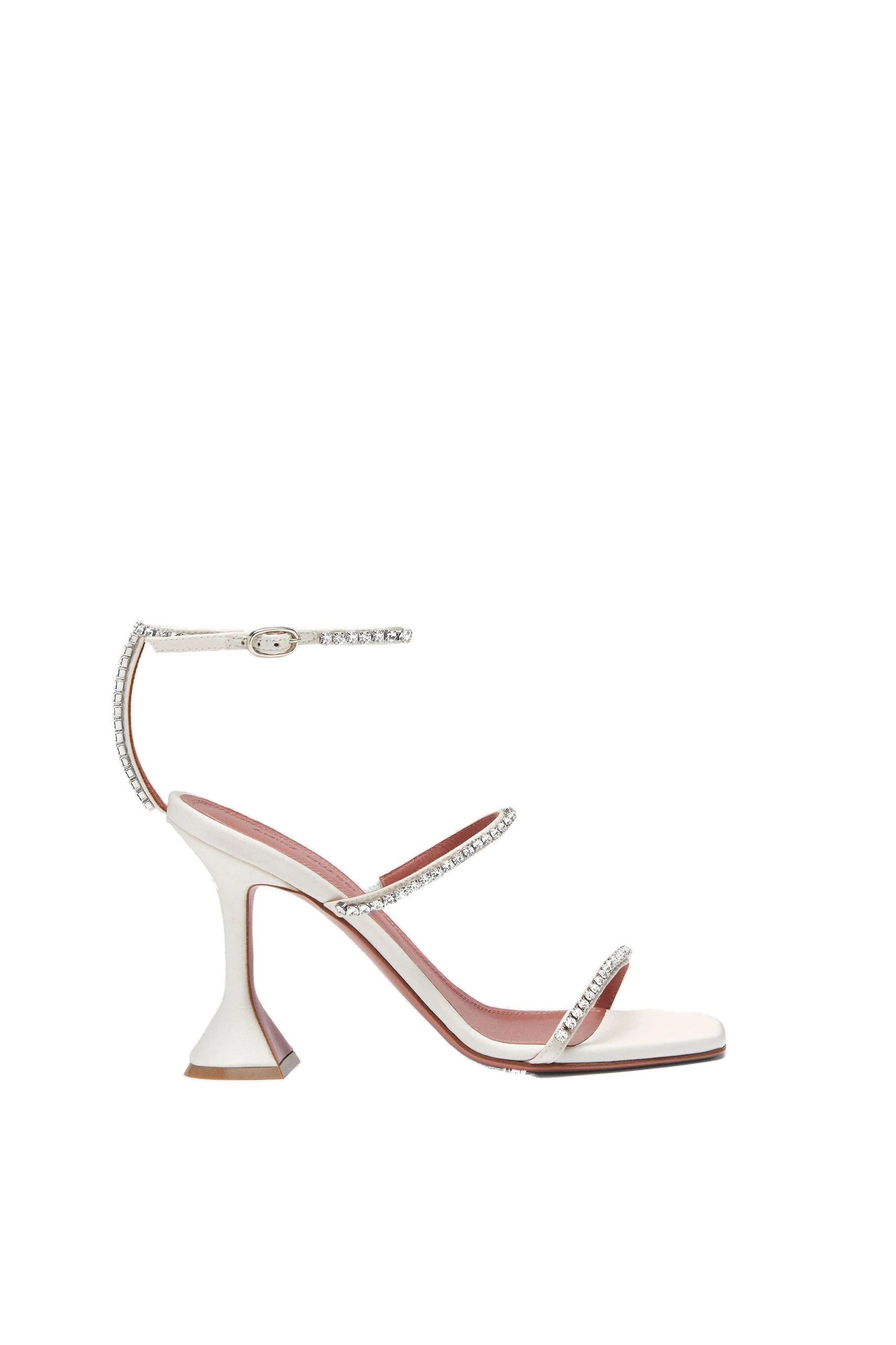 Amina Muaddi Gilda Sandal 95 in Ivory Satin | Luxury Shoes Amina Muaddi Gilda Sandal 95 in Ivory Satin and White Crystals