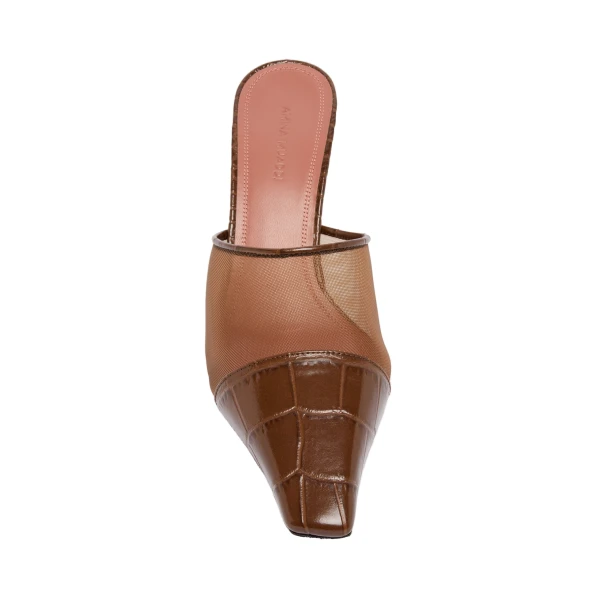Amina Muaddi Jamie Mesh Mule 80 in Brown Tulle and Brown Printed Croc, view 2