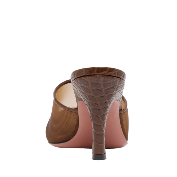 Amina Muaddi Jamie Mesh Mule 80 in Brown Tulle and Brown Printed Croc, view 4