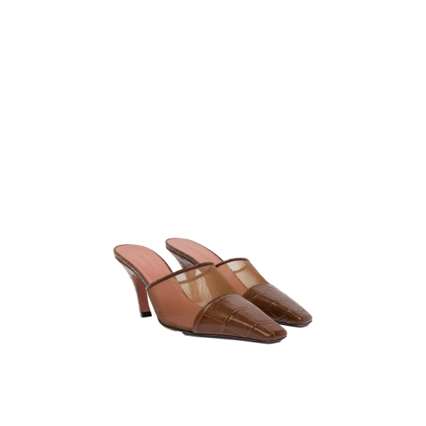 Amina Muaddi Jamie Mesh Mule 80 in Brown Tulle and Brown Printed Croc, view 5