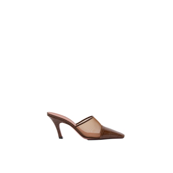 Amina Muaddi Jamie Mesh Mule 80 in Brown Tulle and Brown Printed Croc