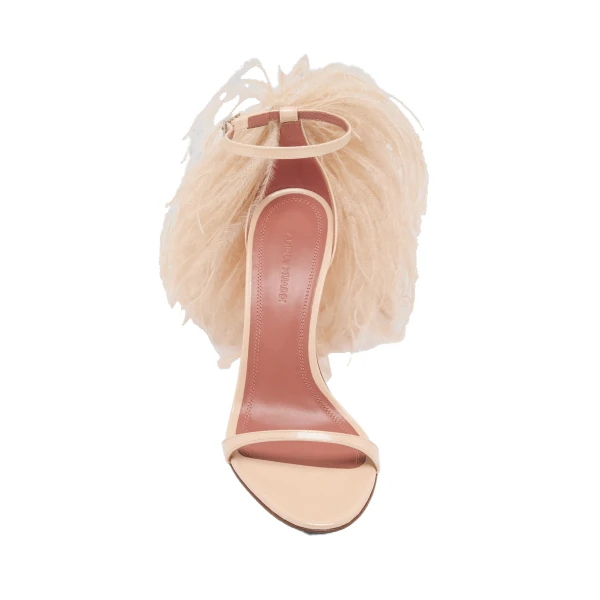 Amina Muaddi Jerry Sandal 105 in Pearly Champagne Patent and Champagne Feathers, view 2