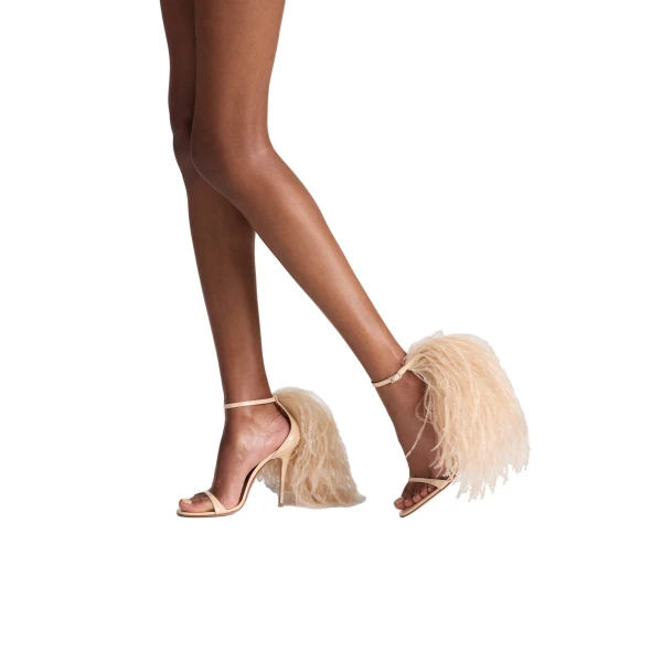 Amina Muaddi Jerry Sandal 105 in Pearly Champagne Patent and Champagne Feathers, view 5