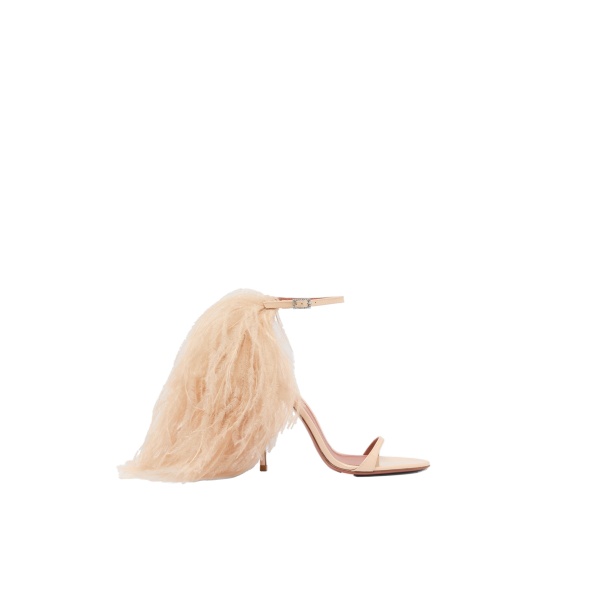 Amina Muaddi Jerry Sandal 105 in Pearly Champagne Patent and Champagne Feathers