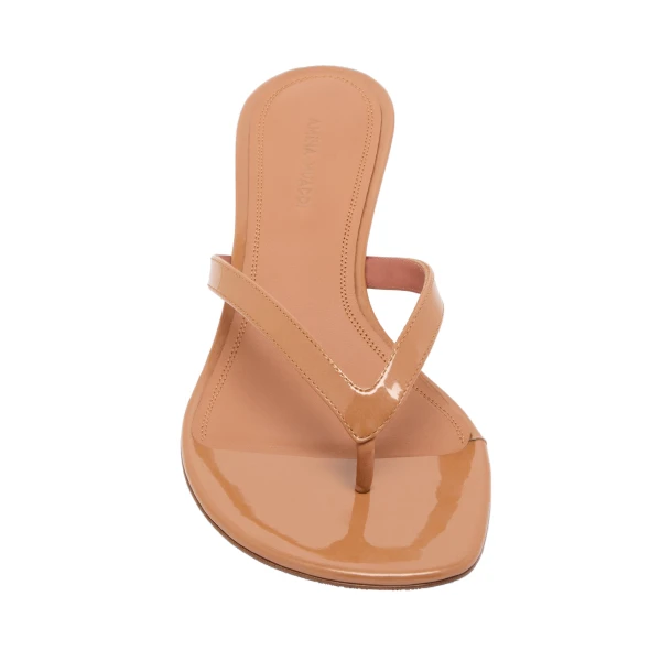 Amina Muaddi Juliette Thong Slipper 45 in Pearly Latte Patent, view 2