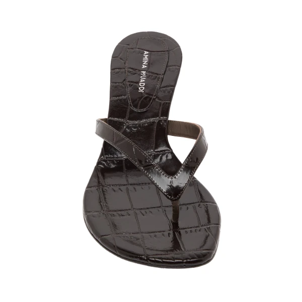 Amina Muaddi Juliette Thong Slipper 45 in Shiny Coffee Croc, view 2