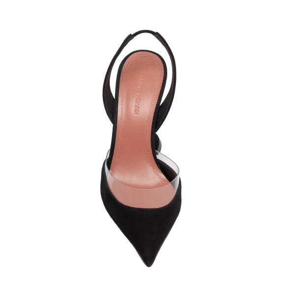 Amina Muaddi Lara Sling 95 in Black Suede and Transparent PVC, view 2