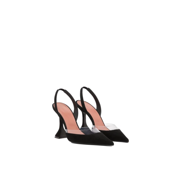 Amina Muaddi Lara Sling 95 in Black Suede and Transparent PVC, view 4