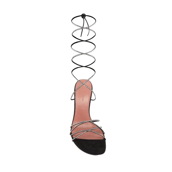 Amina Muaddi Lori Crystal Lace Up Sandal 95 in Black Suede and White Crystals, view 2