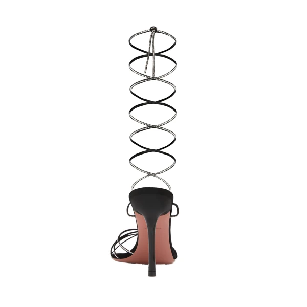 Amina Muaddi Lori Crystal Lace Up Sandal 95 in Black Suede and White Crystals, view 3
