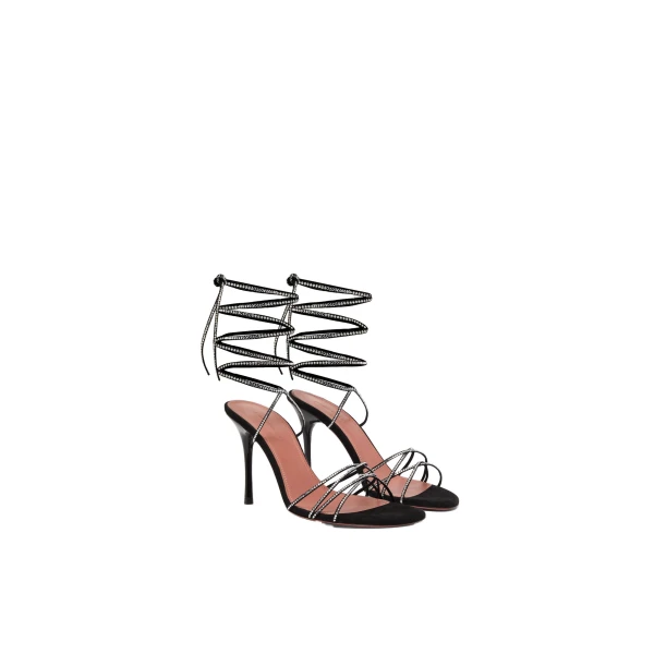 Amina Muaddi Lori Crystal Lace Up Sandal 95 in Black Suede and White Crystals, view 5