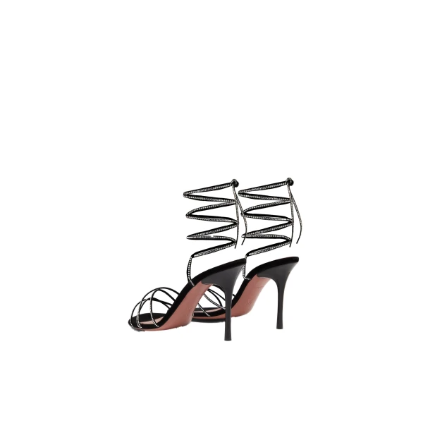 Amina Muaddi Lori Crystal Lace Up Sandal 95 in Black Suede and White Crystals, view 6