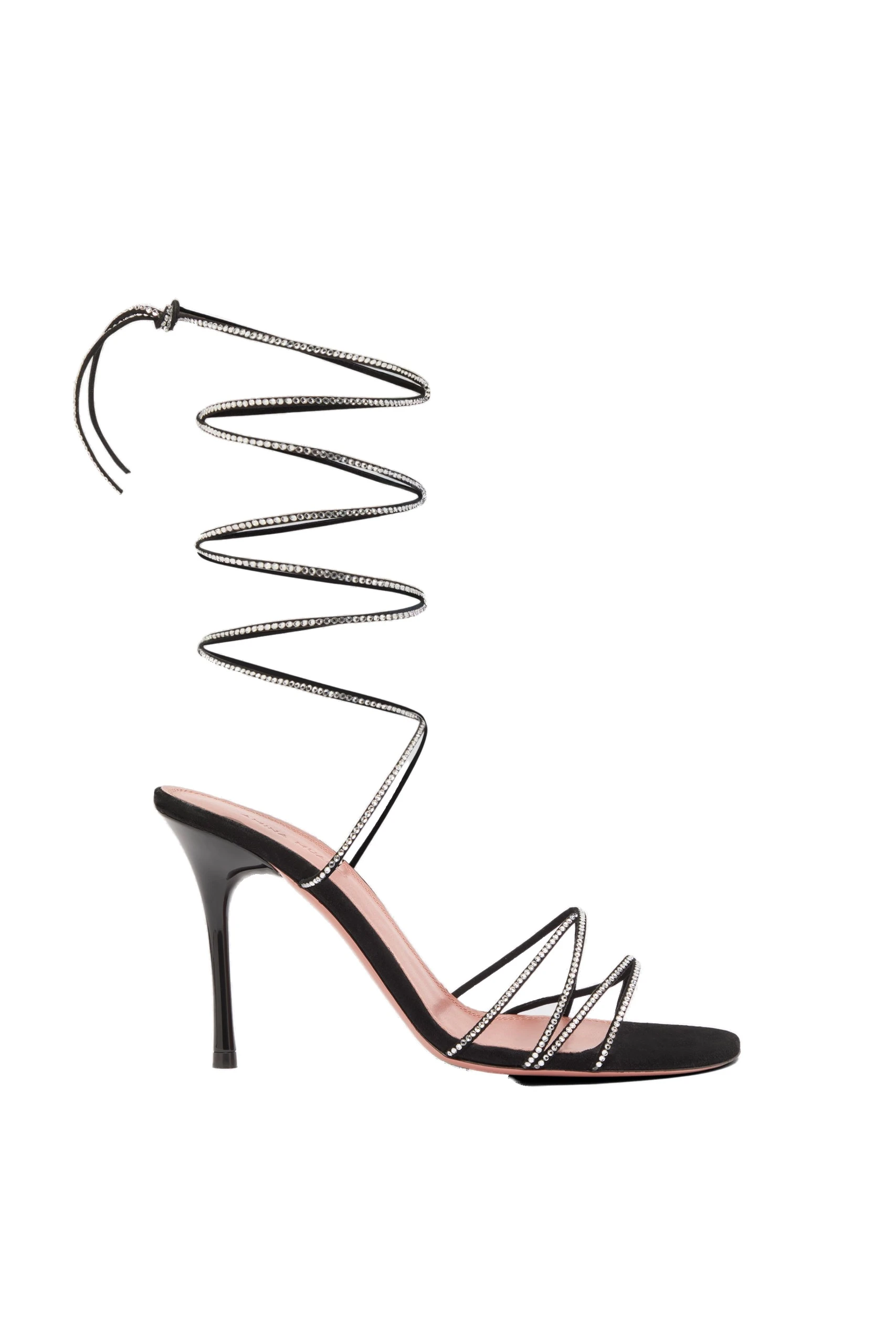 Amina Muaddi Lori Sandal 95 in Black Suede | Luxury Shoes Amina Muaddi Lori Crystal Lace Up Sandal 95 in Black Suede and White Crystals