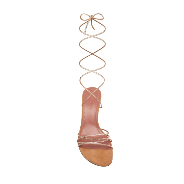 Amina Muaddi Lori Crystal Lace Up Sandal 95 in Latte Suede and White Crystals, view 2