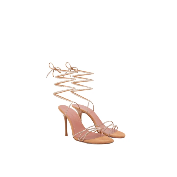 Amina Muaddi Lori Crystal Lace Up Sandal 95 in Latte Suede and White Crystals, view 5