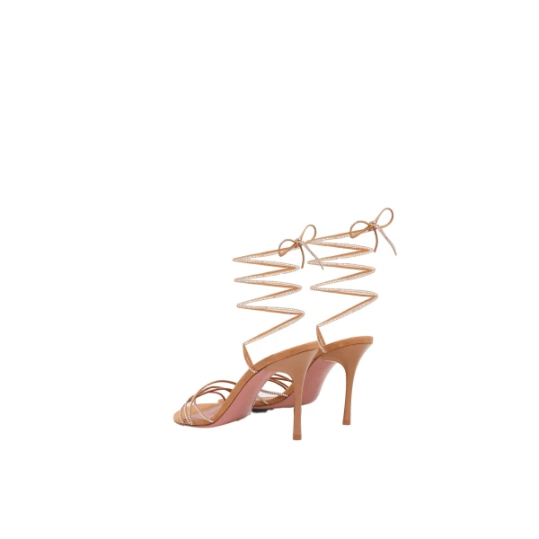 Amina Muaddi Lori Crystal Lace Up Sandal 95 in Latte Suede and White Crystals, view 6
