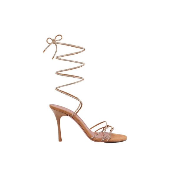Amina Muaddi Lori Crystal Lace Up Sandal 95 in Latte Suede and White Crystals