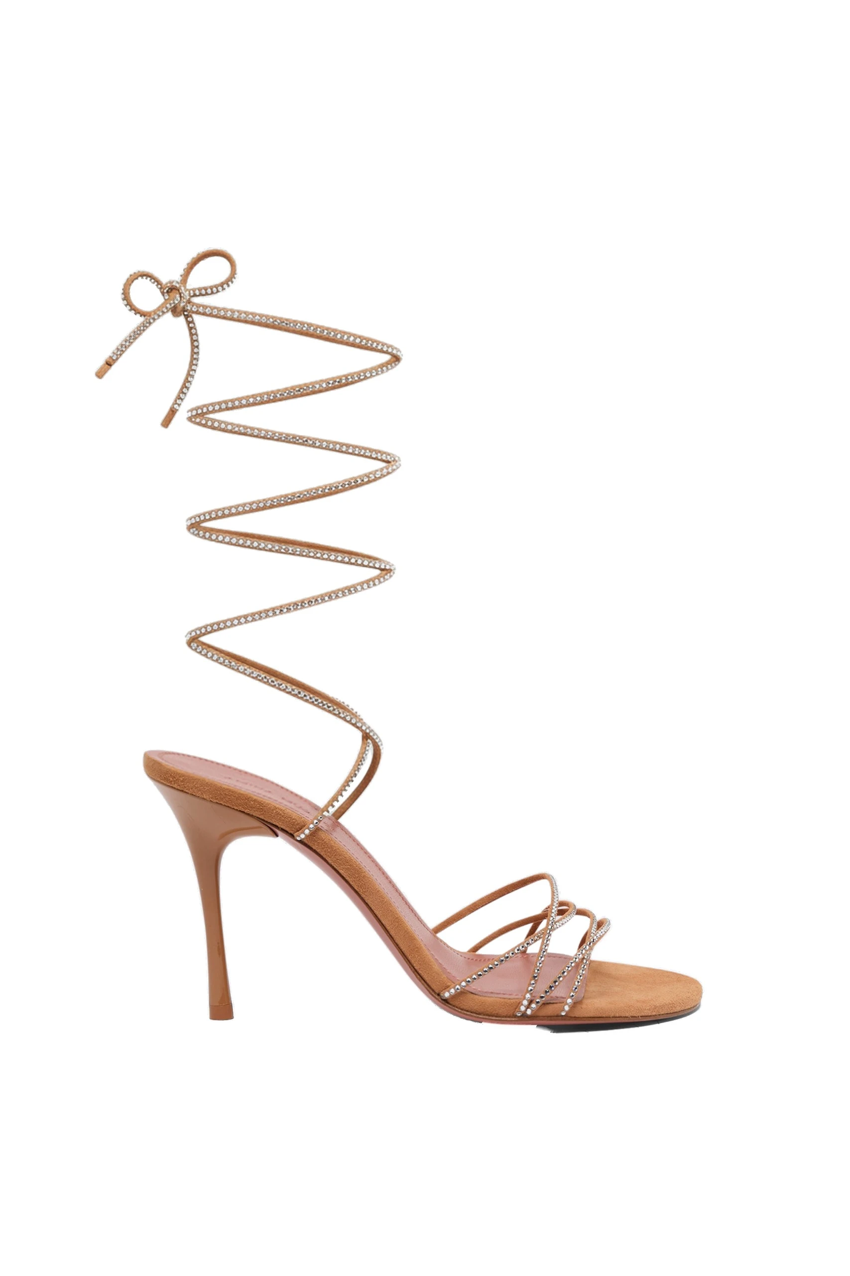 Amina Muaddi Lori Sandal 95 in Latte Suede | Luxury Shoes Amina Muaddi Lori Crystal Lace Up Sandal 95 in Latte Suede and White Crystals