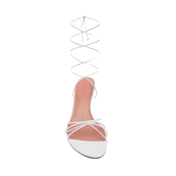 Amina Muaddi Lori Lace Up Sandal 60 in White Nappa and White Matte Heel, view 2