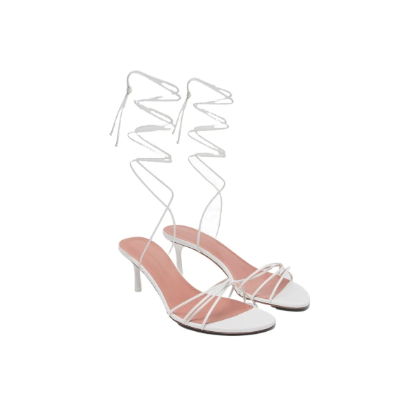 Amina Muaddi Lori Lace Up Sandal 60 in White Nappa and White Matte Heel, view 4