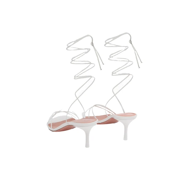 Amina Muaddi Lori Lace Up Sandal 60 in White Nappa and White Matte Heel, view 5