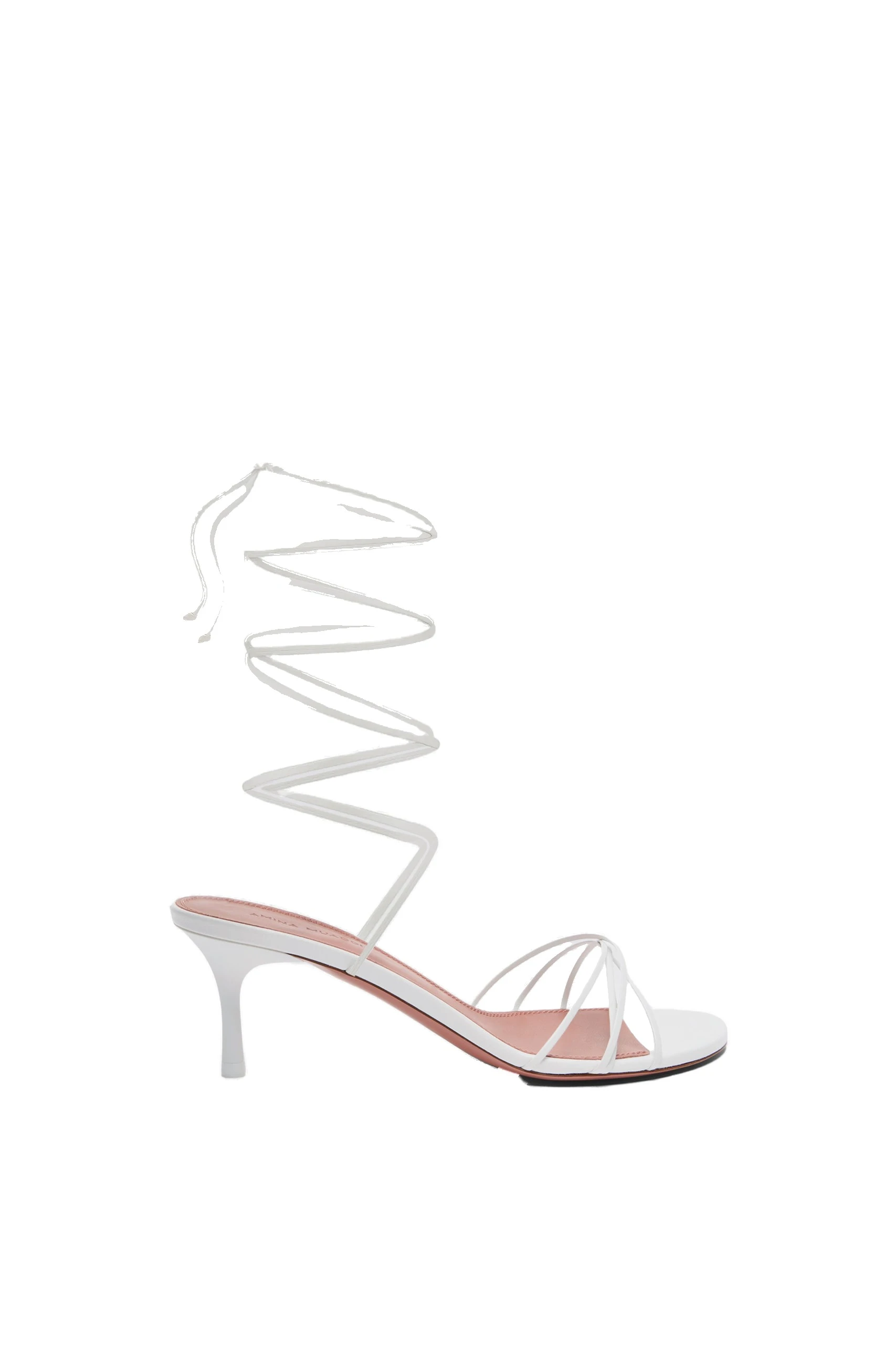 Amina Muaddi Lori Sandal 60 in White Nappa | Luxury Shoes Amina Muaddi Lori Lace Up Sandal 60 in White Nappa and White Matte Heel