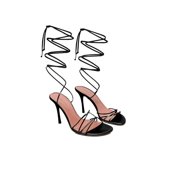 Amina Muaddi Lori Lace Up Sandal 95 in Black Patent, view 4
