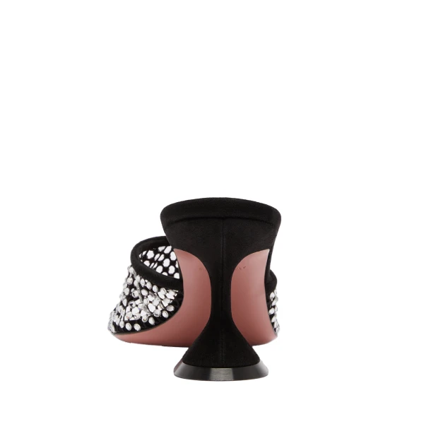 Amina Muaddi Lupita Crystal Net Slipper 70 in Black Suede and White Crystals, view 3